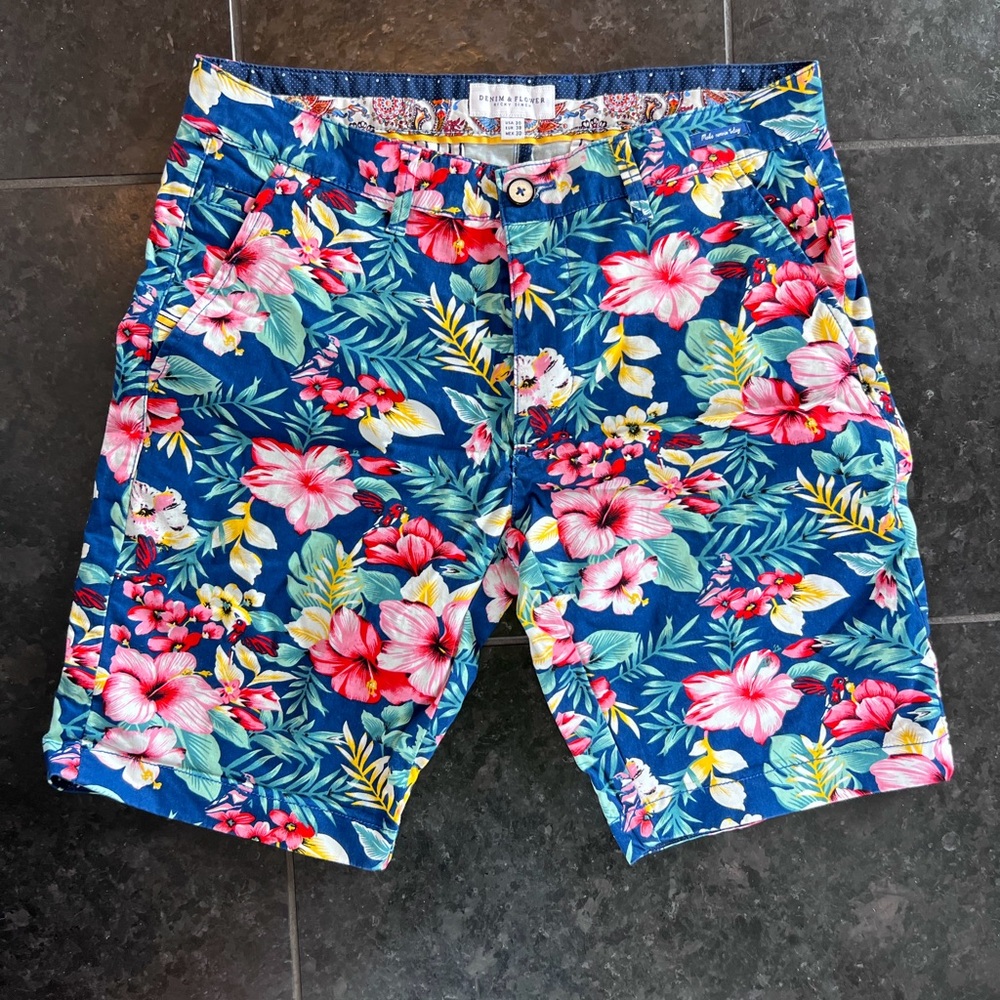 Denim & Flower Blue and Pink Flat Front Shorts
